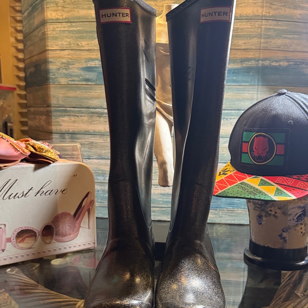 Hunter Shiny Black Knee-High Boots